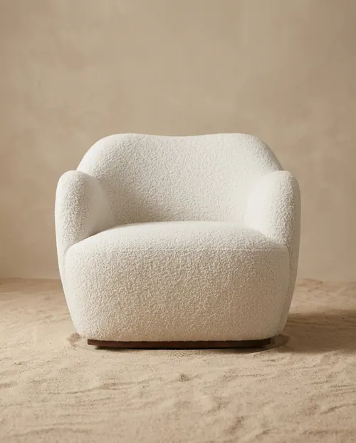 Ivory Bouclé Walnut Swivel