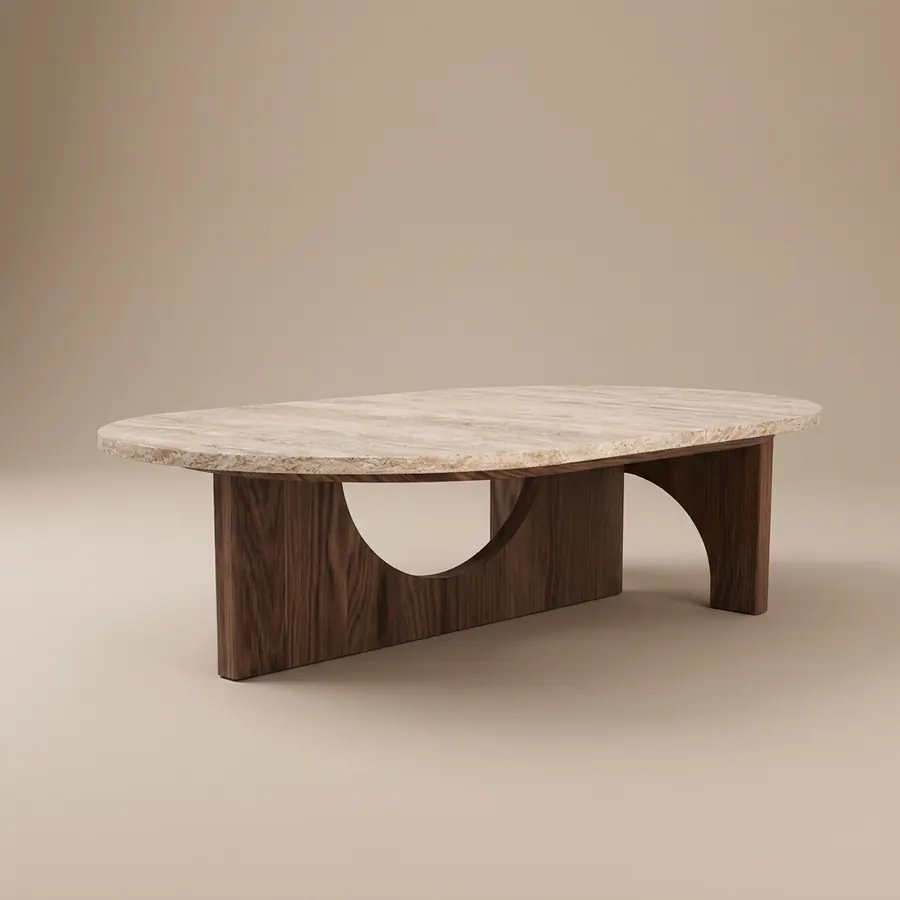 Travertine & Walnut Arch Coffee Table